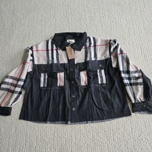 RHEA NWT LARGE DENIM JACKET WITH PLAID SUPER SOFT